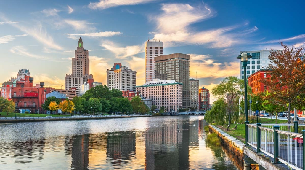 Providence, Rhode Island, USA downtown cityscape viewed from above the Providence River